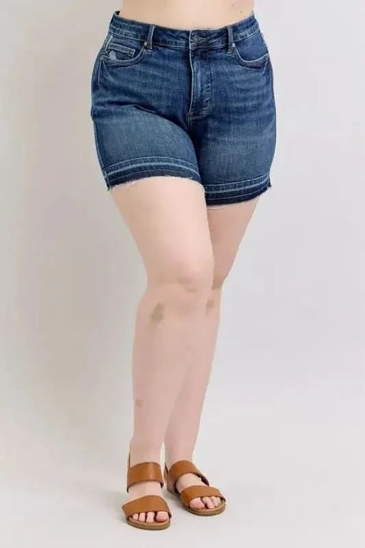 Judy Blue Plus Size HW Tummy Control Destroy Release Hem Denim Shorts in DK - photo