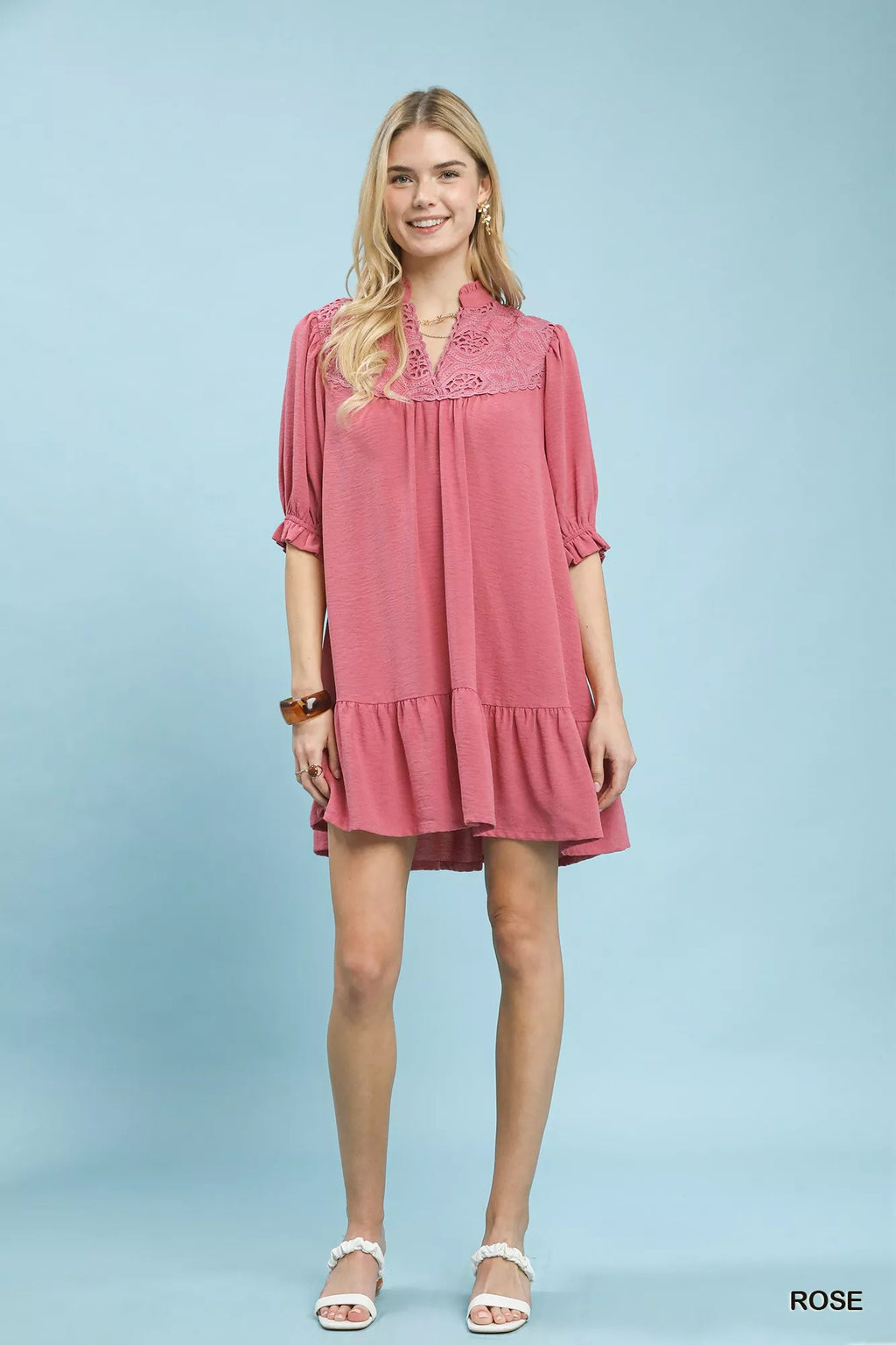 Umgee Lace Yoke Tiered Mini Dress in - photo