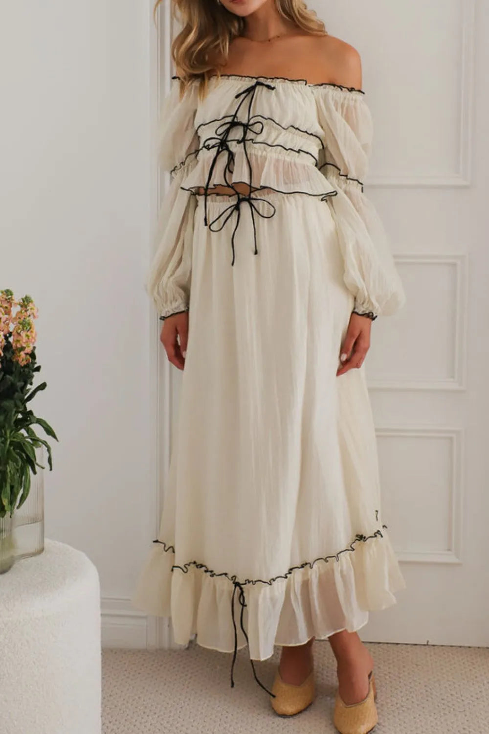 Off-Shoulder Top and Skirt Set in Cream - photo