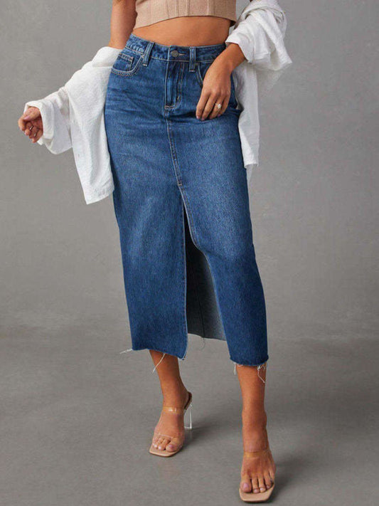 Raw Hem Front Slit Denim Midi Skirt in Medium - Skirts photo