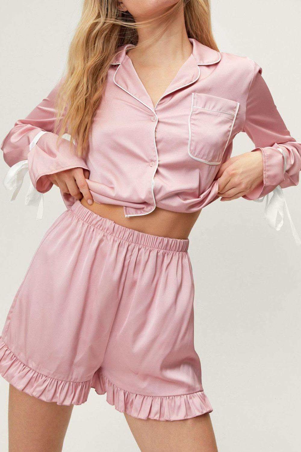 Basic Bae Tied Cuff Collared Neck Top and Frill Shorts Lounge Set - SwagglyLife Home & Fashion