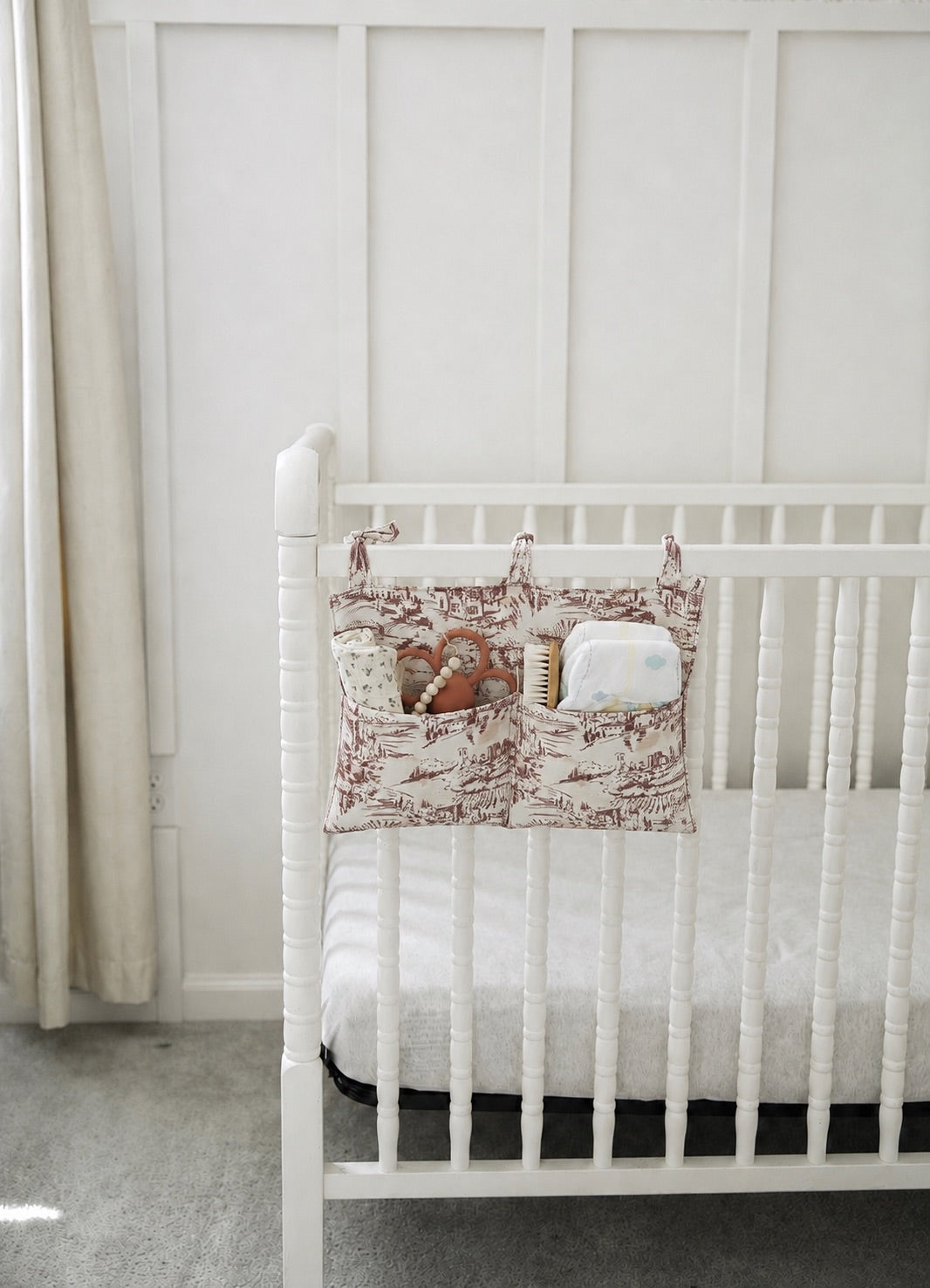 Crib Diaper Caddy Storage Organizer Nursery Room - Brown Toile