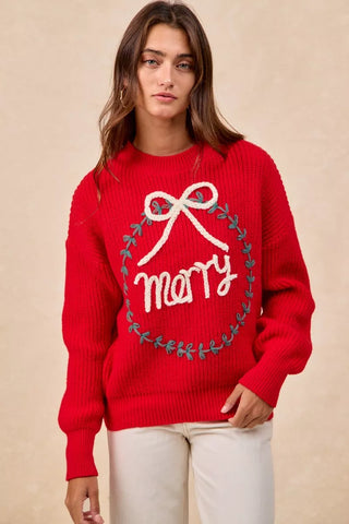 BiBi Christmas Wreath Merry Letter Knit Top in - photo