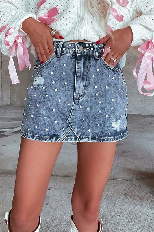 Rhinestone Distressed Denim Mini Skirt in - photo