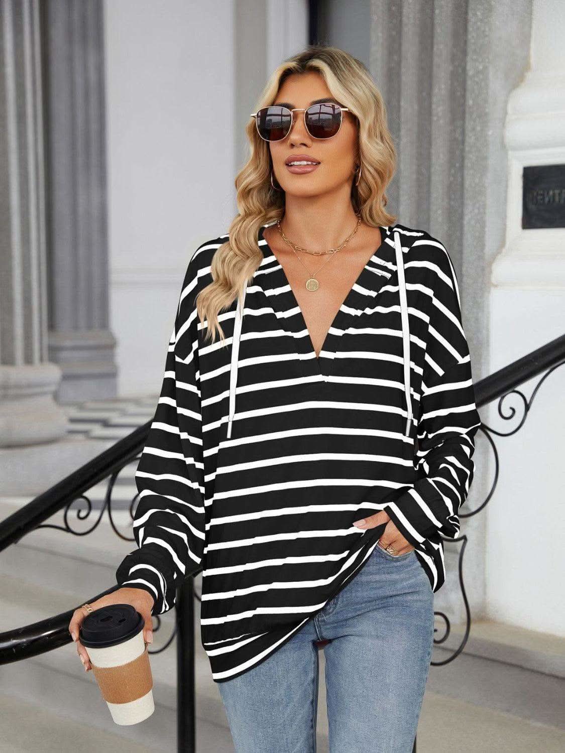 Drawstring Striped Long Sleeve Hoodie in Black - photo