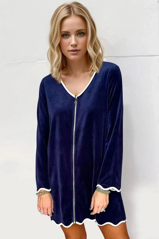 Double Take Wave Contrast Trim V-Neck Zip Up Long Sleeve Mini Dress in - photo