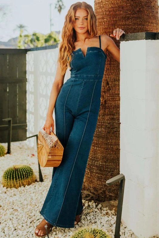 Spaghetti Strap Wide Leg Denim Jumpsuit in - photo