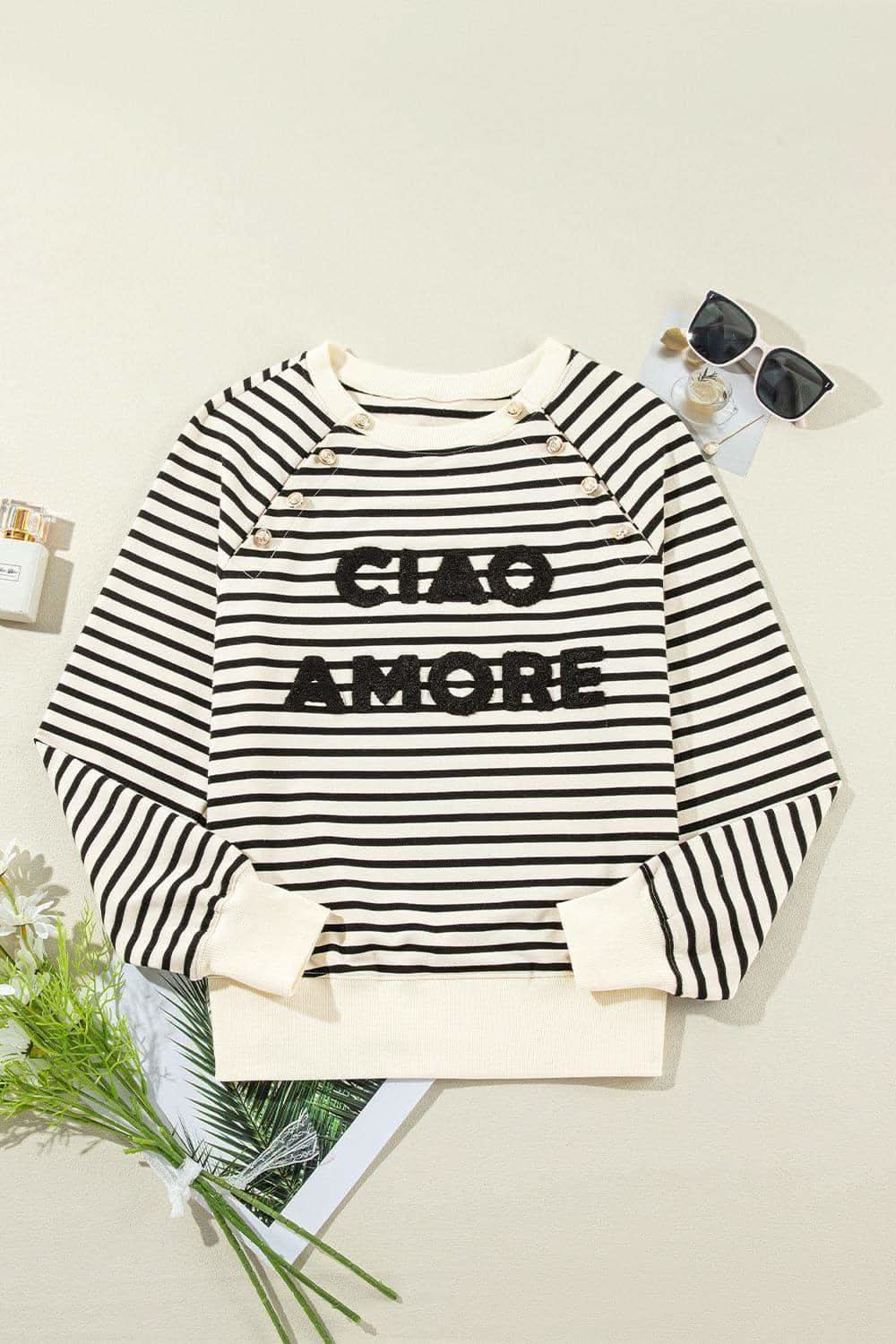 CIAO AMORE Decorative Button Striped Long Sleeve Sweatshirt - SwagglyLife Home & Fashion