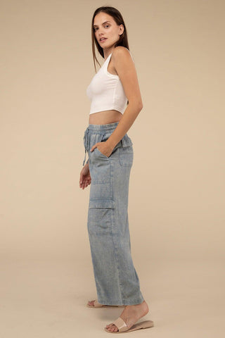 ZENANA Washed Linen Elastic Band Waist Cargo Pants