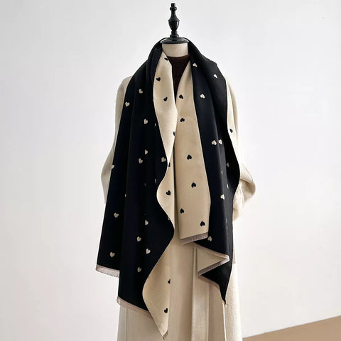 Heart-Patterned Raw Hem Winter Scarf in Black One Size - photo