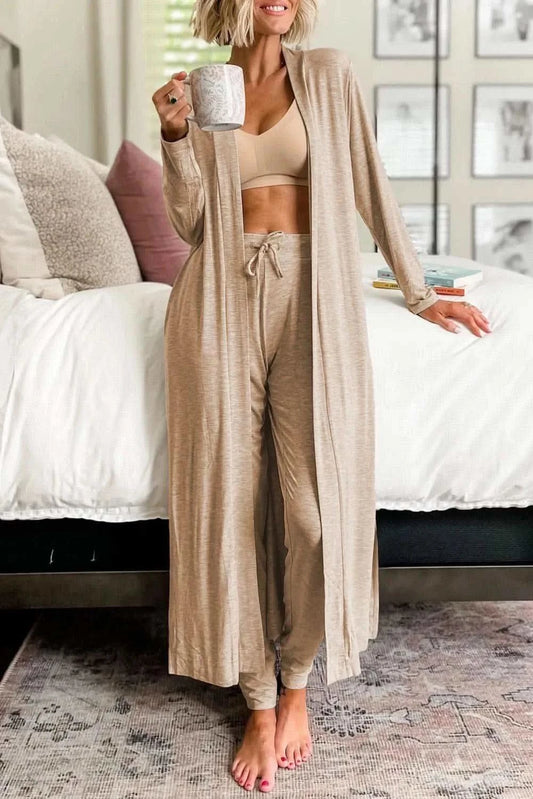 Open Front Long Sleeve Cardigan and Pants Lounge Set in Tan - Loungewear set photo