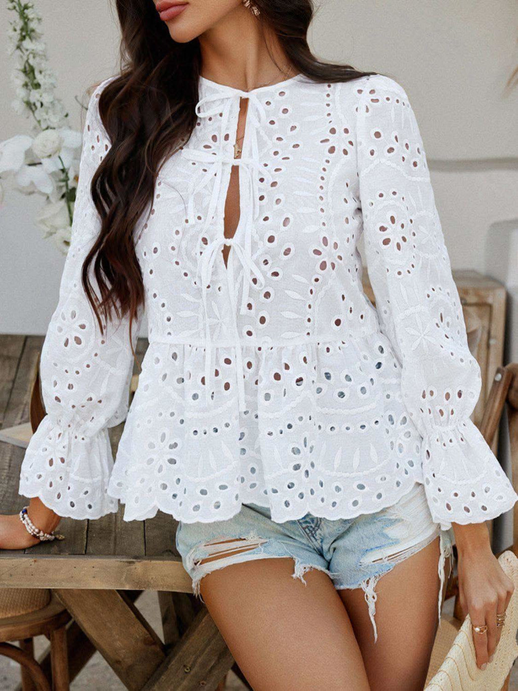 Devine Tie Front Flounce Sleeve Peplum Blouse - SwagglyLife Home & Fashion
