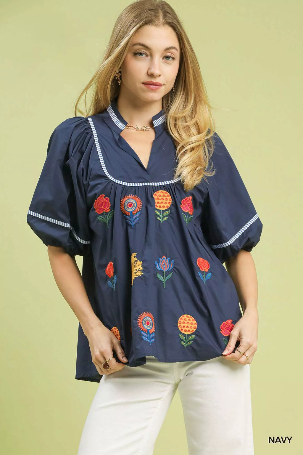 Umgee Embroidered Floral Puff Sleeve Top in NAVY - photo
