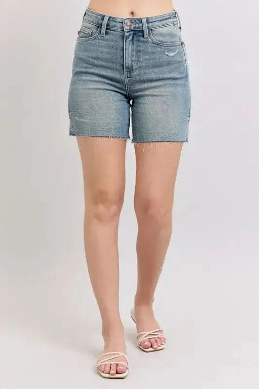 Judy Blue Full Size High Waist Vintage Wash Side Slit Denim Shorts Plus Size in - photo