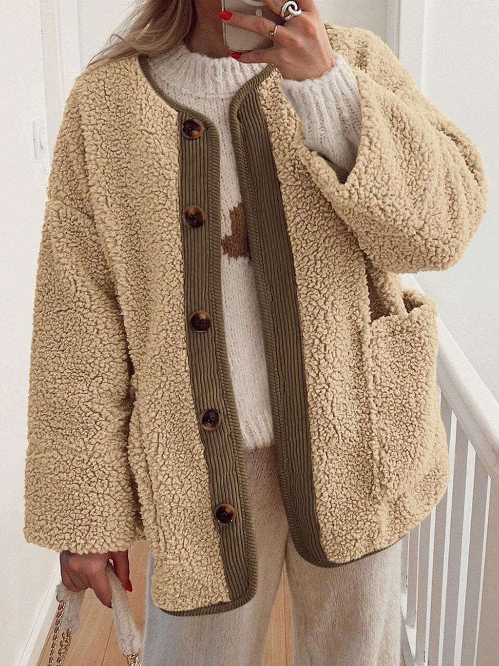 Contrast Button Up Sherpa Jacket with Pockets - SwagglyLife Home & Fashion