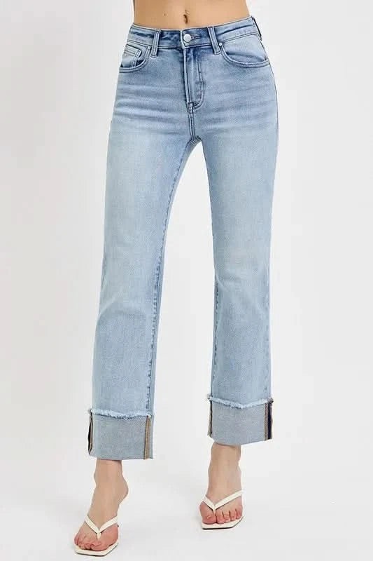 RISEN High Rise Straight Cuffed Relaxed Jeans in - photo