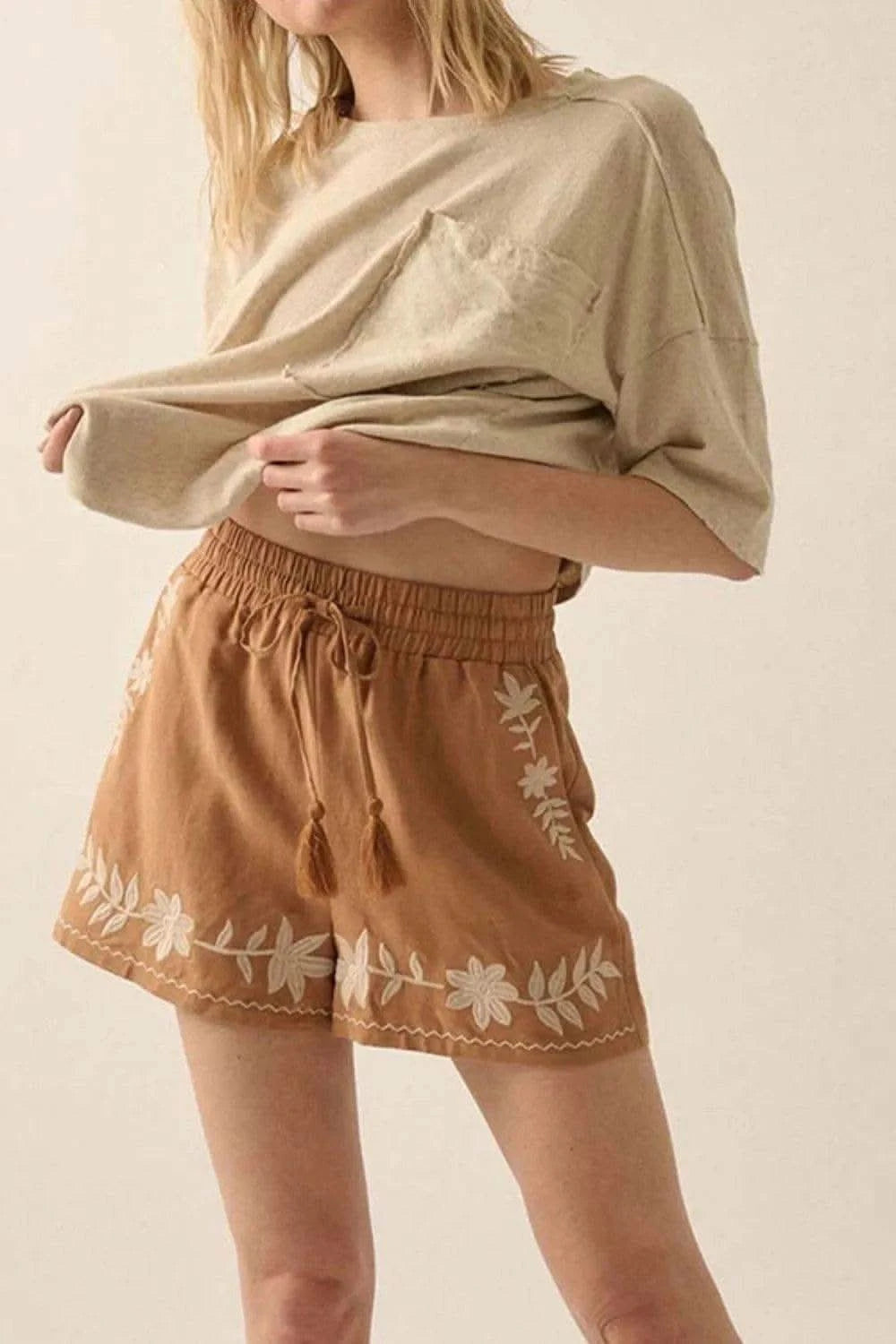 Embroidered Boho Tasseled Drawstring Elastic Waist Casual Shorts - SwagglyLife Home & Fashion