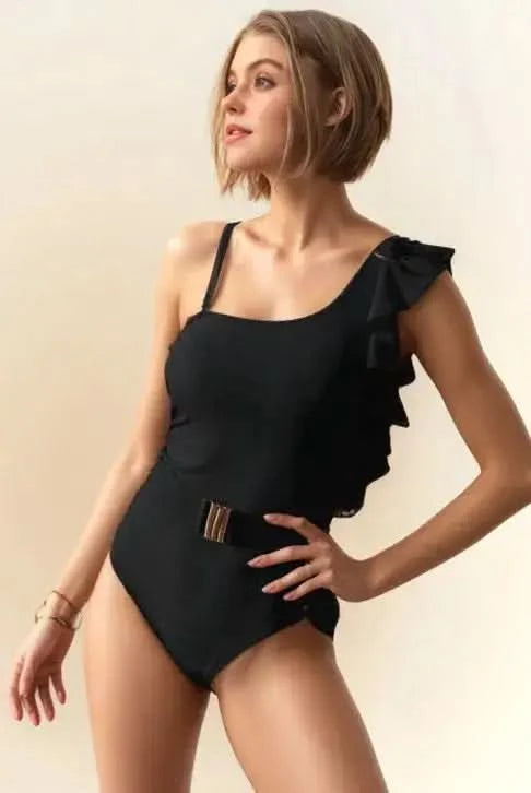 Davi & Dani Solid One Shoulder Ruffle One Piece Swimsuit in BLACK - photo