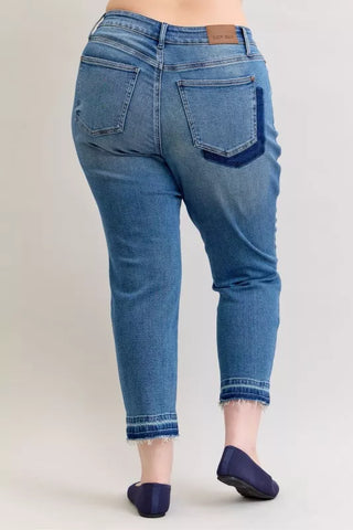 Judy Blue Full Size Mid Rise Bf Patch & Repair Destroy Release Hem Jeans Plus Size in - photo
