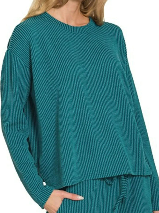 Zenana Corded Rib Long Sleeve Tee and Shorts Set in TEAL - photo