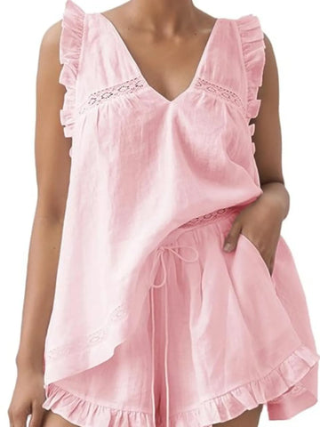 Ruffled V-Neck Top and Shorts Set - SwagglyLife Home & Fashion