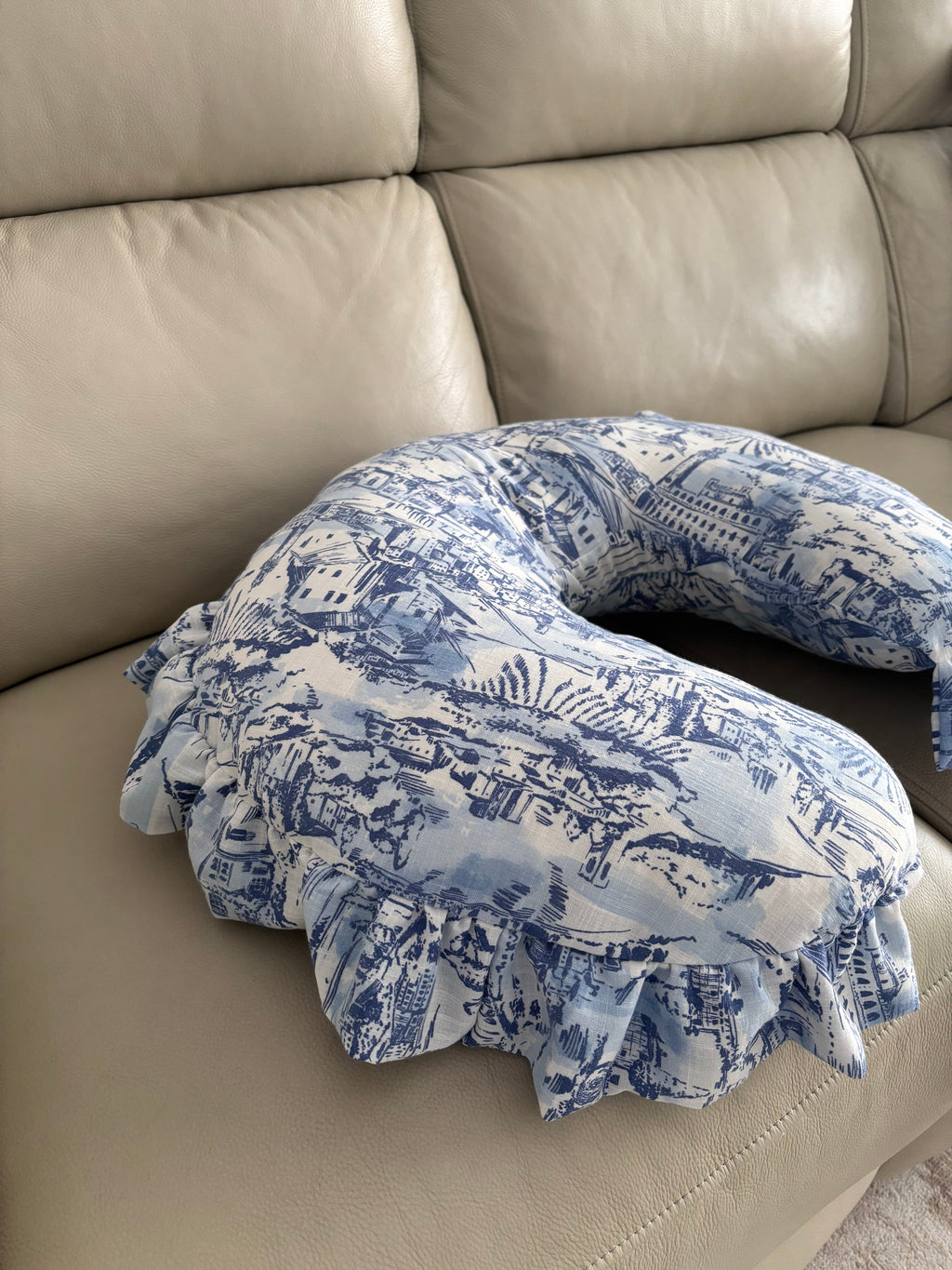Blue Toile Ruffle Nursing Pillow Cover in - photo