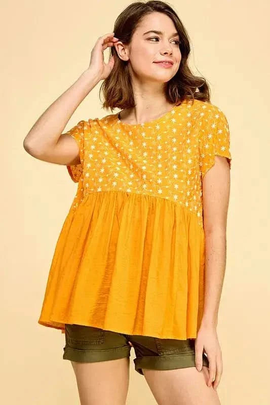 Lime 'N' Chili Embroidered Short Sleeve Pleated Babydoll Top - SwagglyLife Home & Fashion