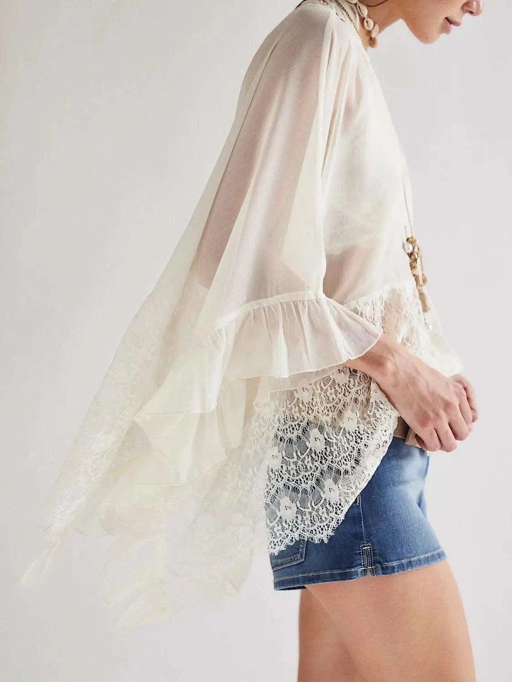 Lace V-Neck Ruffle Long Sleeve Cover-Up - SwagglyLife Home & Fashion