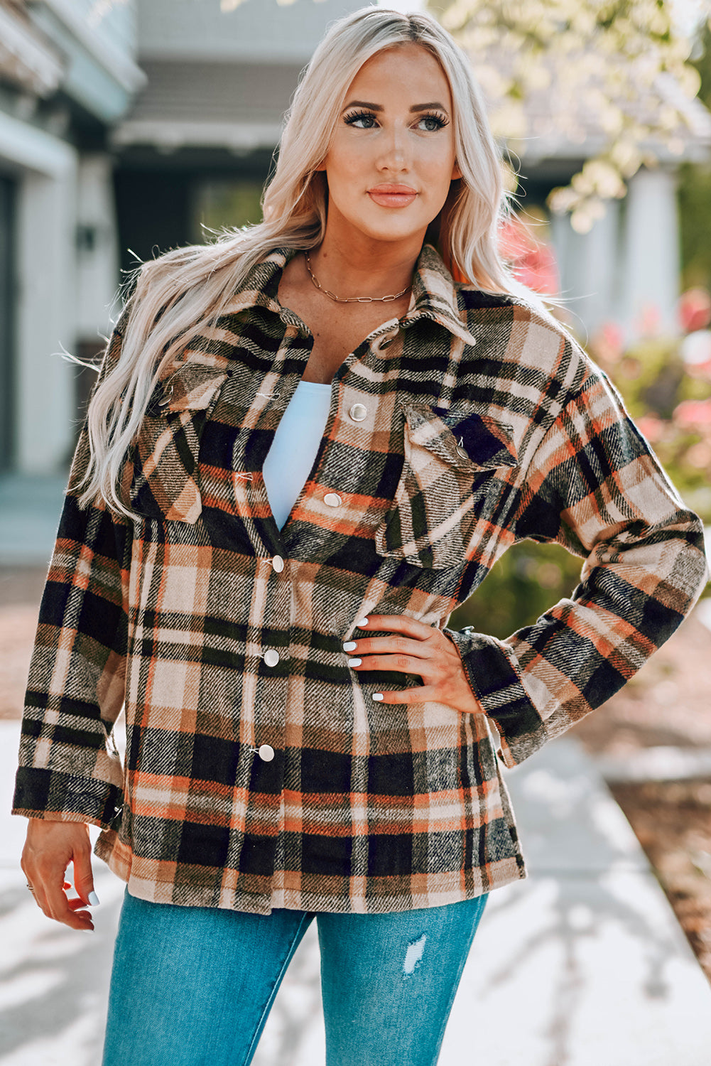 Plaid Button Front Shirt Jacket with Breast Pockets in - photo