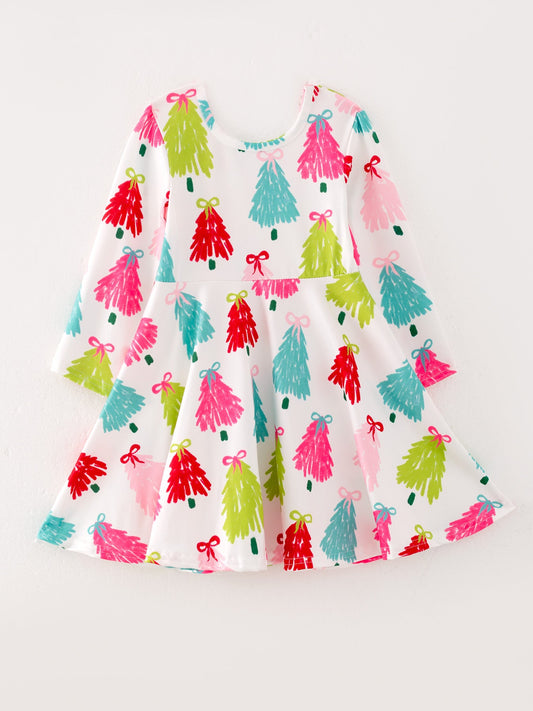 Christmas Tree Print Long Sleeve Dress -