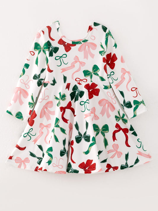 Girls Christmas Bow Print Dress -