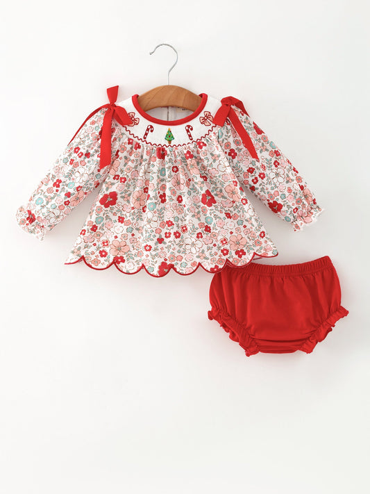 Christmas Red Floral Baby Girl Outfit Set Embroidery Bloomer Set -