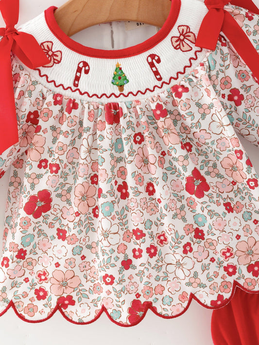 Christmas Red Floral Baby Girl Outfit Set Embroidery Bloomer Set -
