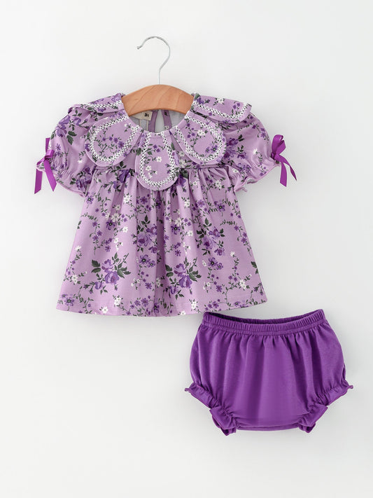 Floral Girls Outfit Set Purple Puff Sleeve Top Bloomers Set -