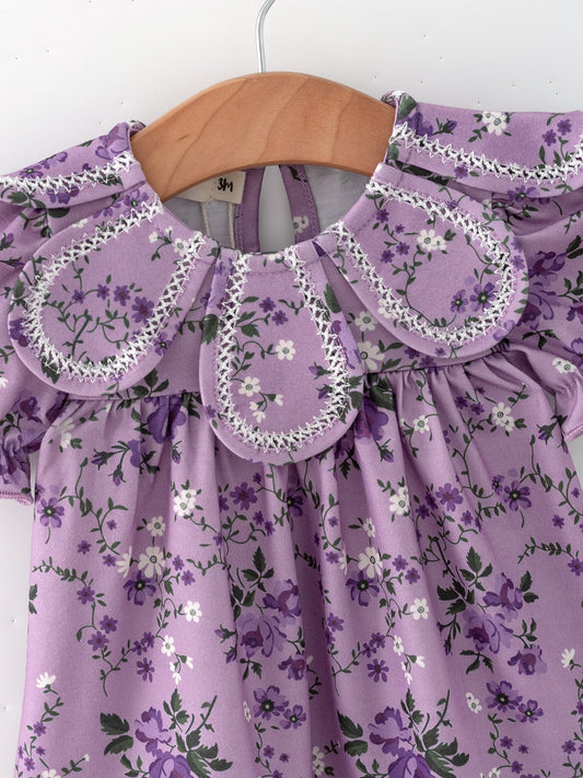 Floral Girls Outfit Set Purple Puff Sleeve Top Bloomers Set -