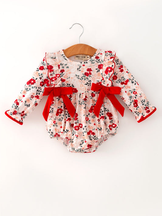 Fall Floral Baby Girl Romper Ruffle Bow Long Sleeve -