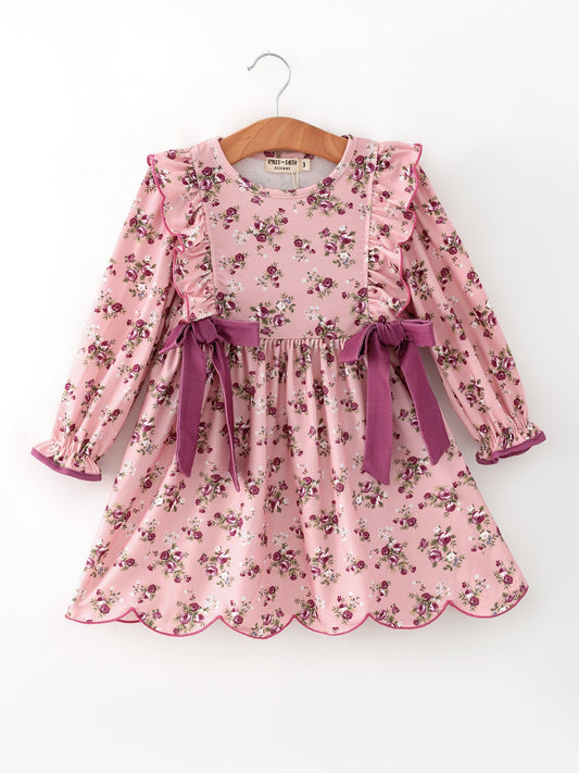 Fall Purple Rose Floral Girl Dress Bow Ruffle Long Sleeve Scalloped Hem -