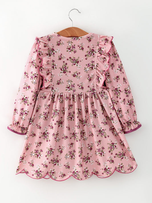 Fall Purple Rose Floral Girl Dress Bow Ruffle Long Sleeve Scalloped Hem -