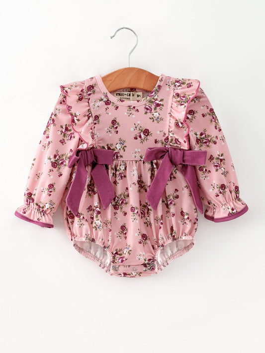 Fall Purple Floral Baby Girl Romper Bow Ruffle Long Sleeve -