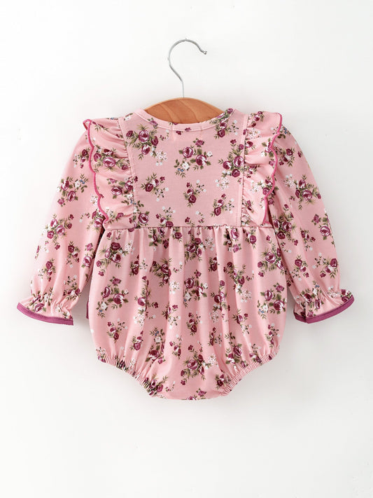 Fall Purple Floral Baby Girl Romper Bow Ruffle Long Sleeve -