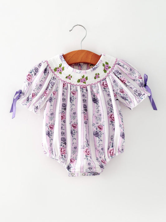 Fall Purple Floral Smocked Embroidered Baby Girl Romper -