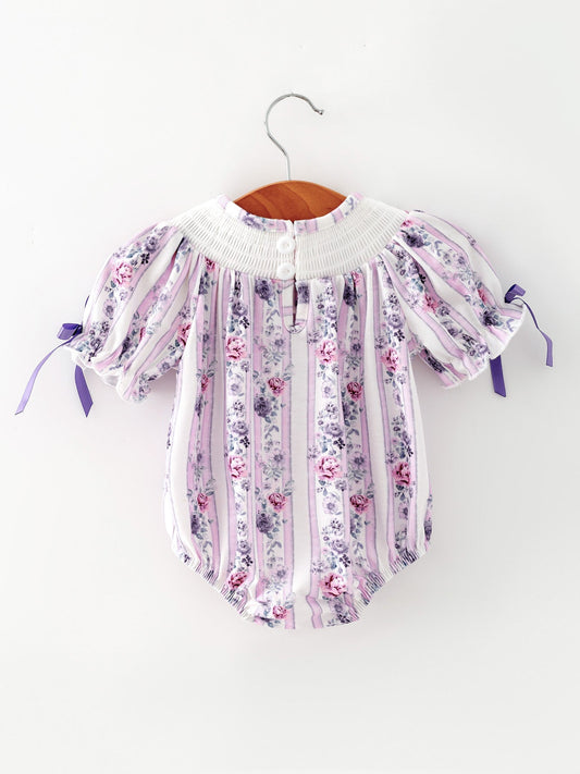 Fall Purple Floral Smocked Embroidered Baby Girl Romper -