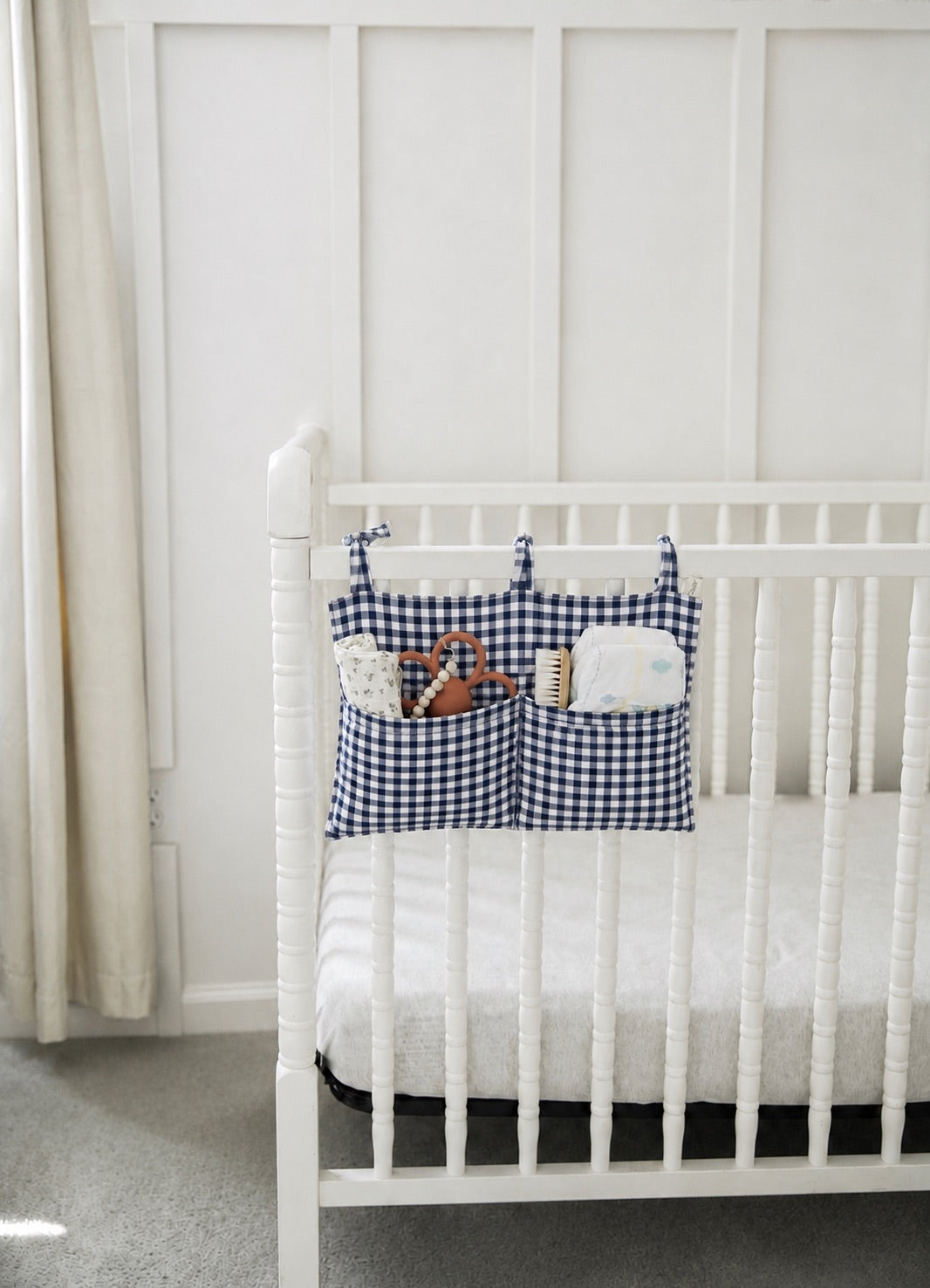 Crib Diaper Caddy Storage Organizer Nursery Room - Navy Gingham
