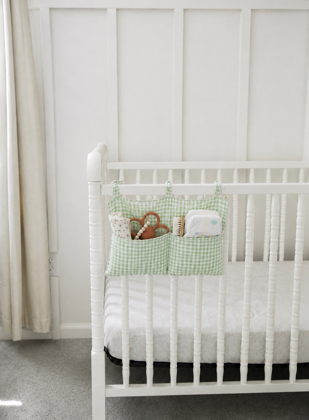 Crib Diaper Caddy Storage Organizer Nursery Room - Green Gingham
