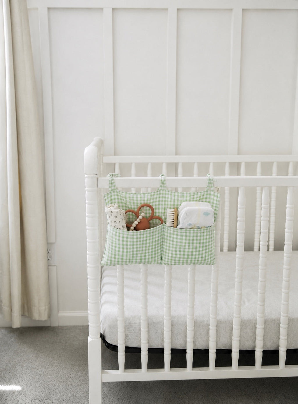 Crib Diaper Caddy Storage Organizer Nursery Room - Green Gingham