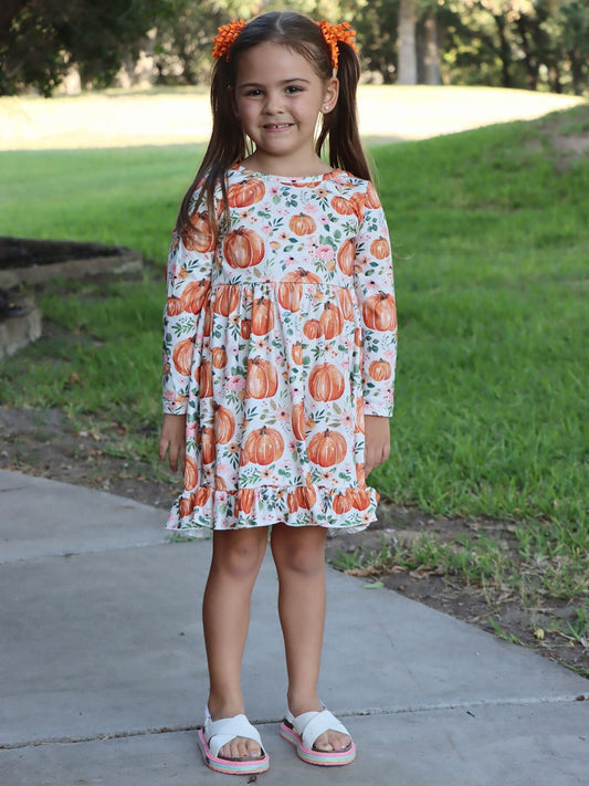 Girls FALL Pumpkin Print Long Sleeve Dress -