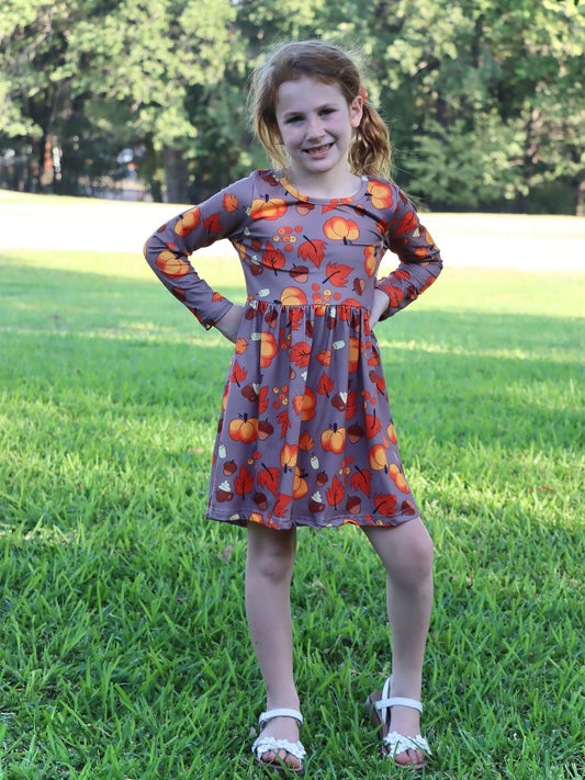 Fall Autumn Leaves Pine Cone Stripe Print Girls Dress -