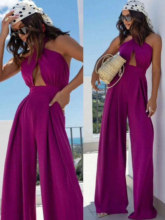 Wide Leg Cutout Halter Neck Jumpsuit in Purple - photo