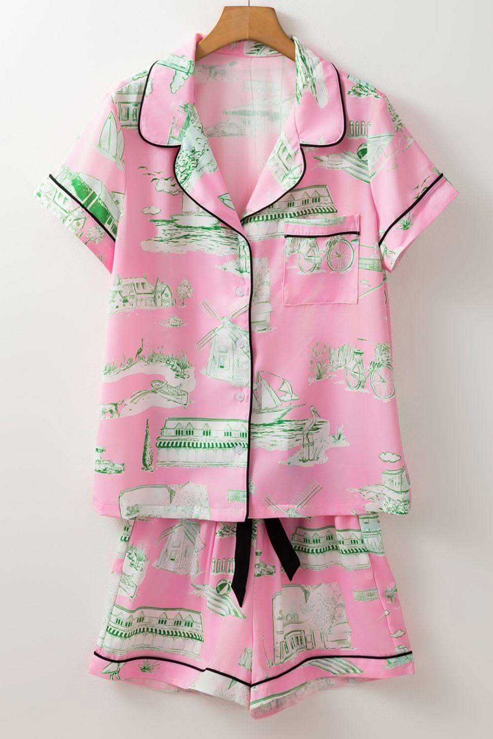 Collared Neck Printed Top and Drawstring Shorts Lounge Set - SwagglyLife Home & Fashion