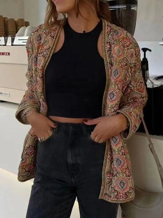 Belted Open Front Floral Winter Coat in - photo